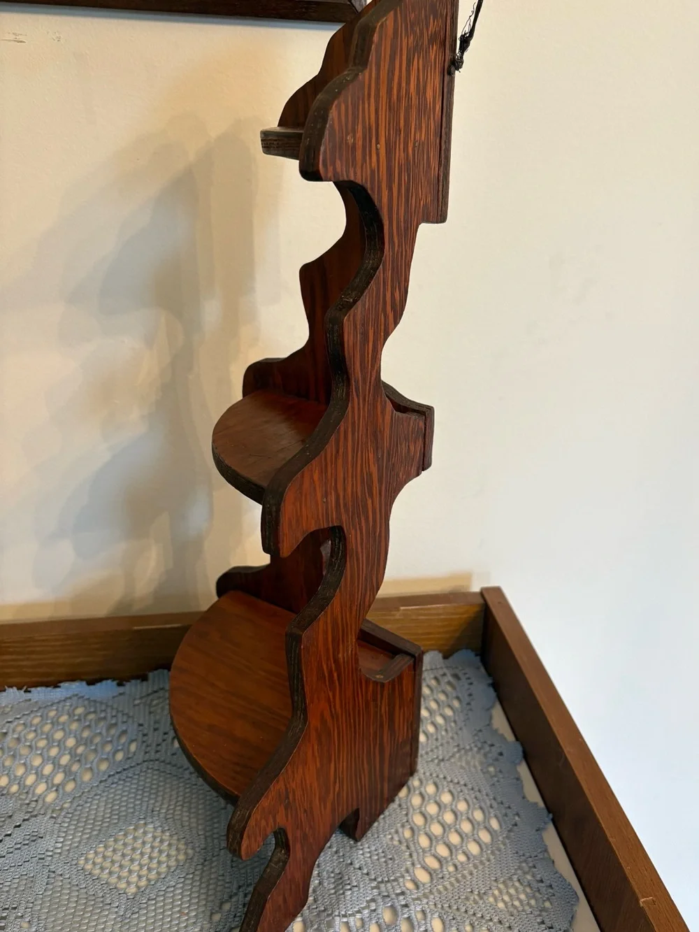 Vintage 1970’s Wooden Corner DisplayTrinket Shelf with 3 Tiered Design.